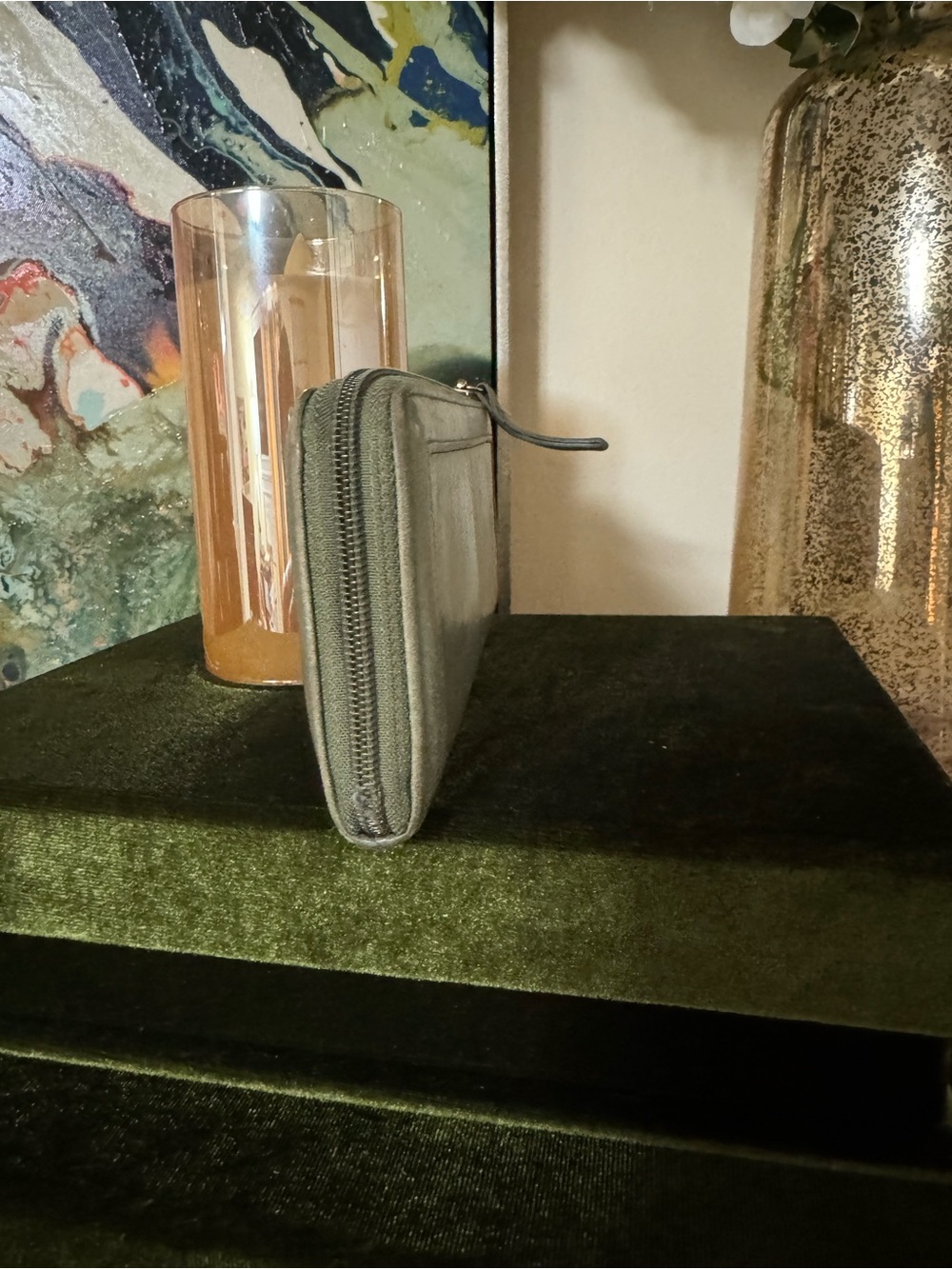 Olive Green Leather Zip Wallet with Gold Turn-Lock - Picture 3 of 12